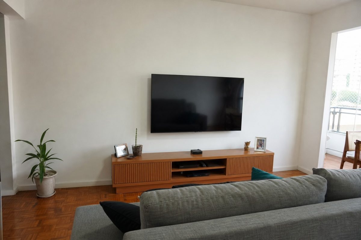 Sala de TV antes, com parede branca